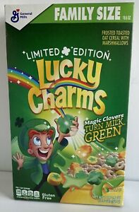 Photo 1 of 18.6 OZ FAMILY LUCKY CHARMS Limited Edition Cereal Magic Clovers Turn MILK GREEN, EXP 11/20/22
