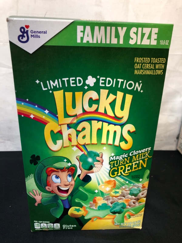 Photo 2 of 18.6 OZ FAMILY LUCKY CHARMS Limited Edition Cereal Magic Clovers Turn MILK GREEN, EXP 11/20/22
