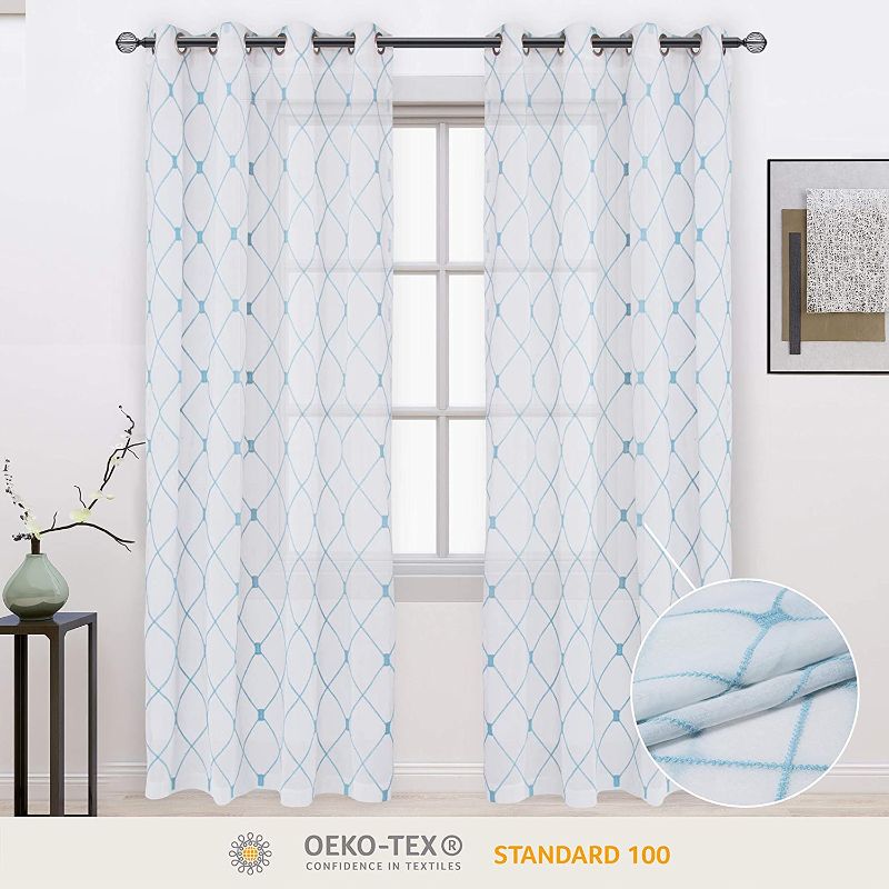 Photo 1 of BONZER Sheer Curtains for Bedroom - Grommet Embroidered Diamond Tile Print Voile Light Filtering Window Curtains for Living Room, Set of 2 Panels (52 x 84, Steel Blue)