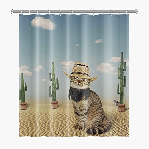 Photo 1 of deFouliao Funny Cowboy Cat Shower Curtain, Retro Western Fun Animal Pet in The Desert Cactus Fabric Bathroom Shower Curtain Set for Shower or Bathtub Waterproof Shower Curtains with Hooks 70x70 Inch

