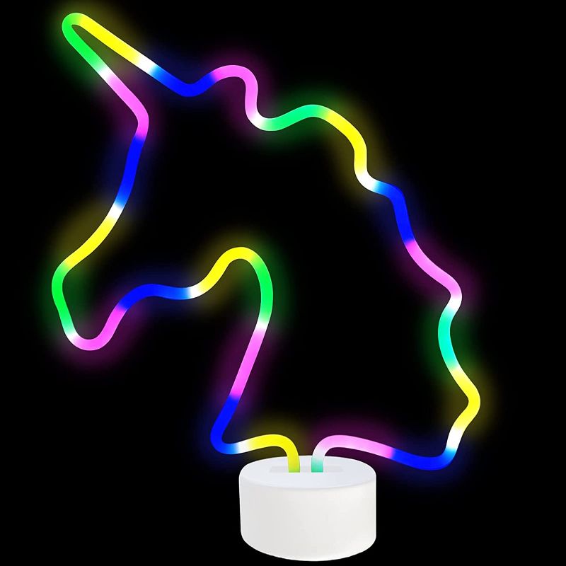 Photo 1 of BOTINDO Neon Sign Colorful Unicorn Led Night Lights Lamp with Holder Base Battery or USB Operated Kid Girl Gift Signs Light up for Room, Wedding, Bar, Christmas Holiday Party Supplies
