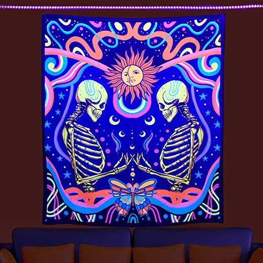Photo 1 of Csivoisw Blacklight Skull Tapestry UV Reactive Skeleton Trippy Tapestries Black Light Posters Wall Hanging for Bedroom Aesthetics Party Decor 51x59 Inch
