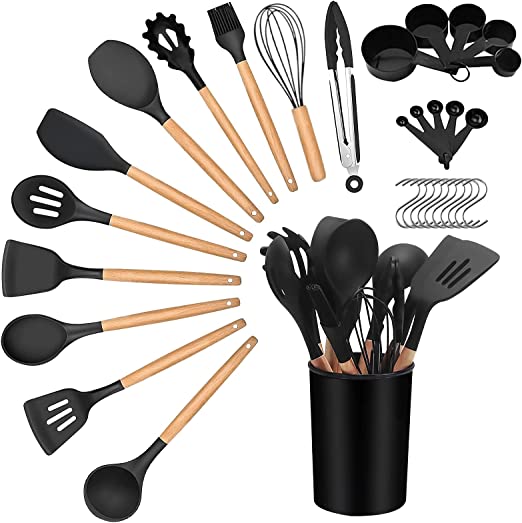 Photo 1 of 32 Pcs Silicone Kitchen Cooking Utensil Set, Wooden Handle Silicone Spoon Spatula Tongs?BPA Free Silicone Kitchen Cooking Utensils? Silicone Kitchen Utensil Set for Nonstick Cookware with Holder
