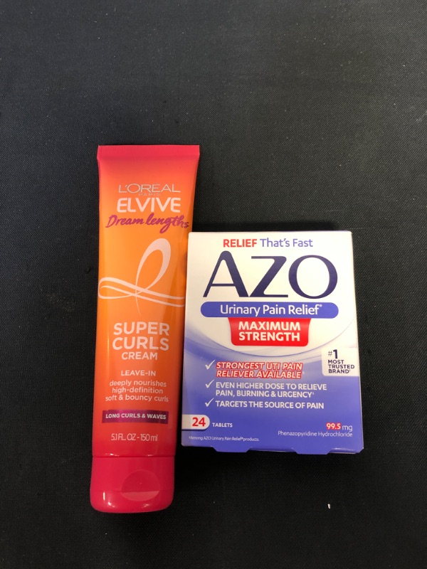 Photo 1 of 2 PC BAG LOT
L'Oreal Paris Elvive Dream Lengths Super Curls Cream Leave-In, 5.1 Ounce
AZO Urinary Pain Relief Maximum Strength | Fast relief of UTI Pain, Burning & Urgency | Targets Source of Pain | #1 Most Trusted Brand | 24 Tablets. EXP 04/24

