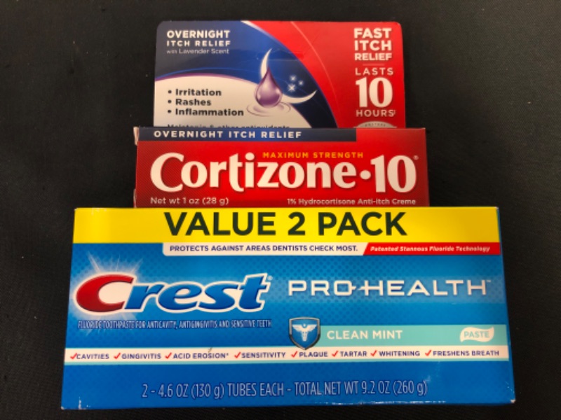 Photo 1 of 2 PC BAG LOT
Crest Pro-Health Clean Mint Toothpaste, 4.6oz, Twin Pack (Packaging May Vary)
Cortizone 10 Maximum Strength Overnight Itch Relief, Lavender Scent, 1% Hydrocortisone Anti-Itch Creme, 1 Ounce

