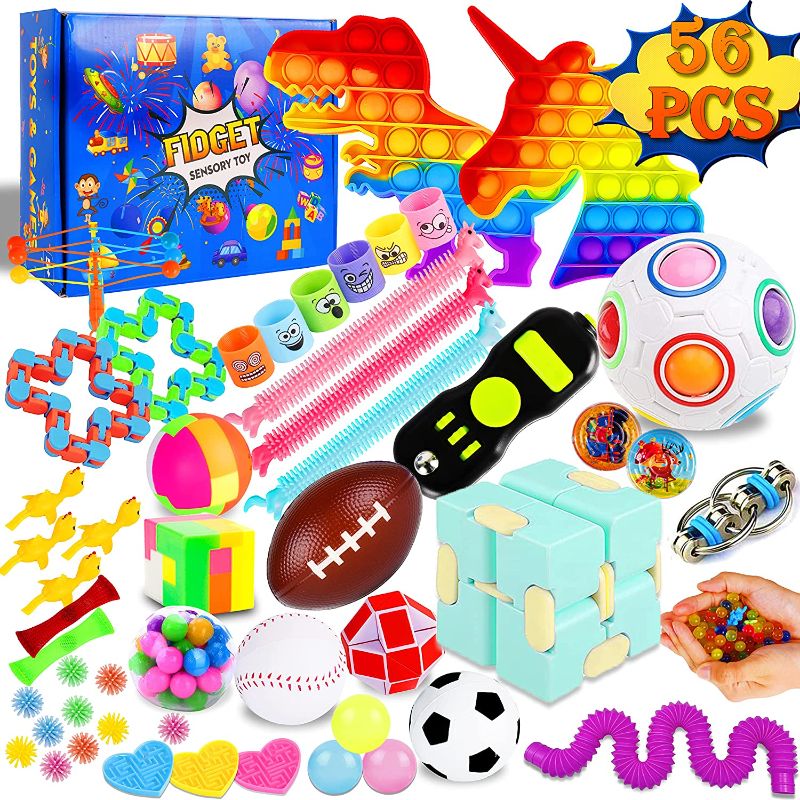 Photo 1 of (56 Pack) Fidget Sensory Toy Box Set Two Pop Popper Small Mini Bulk Party Favor Stocking Stuff Prize Anxiety Autism Stress Bubble Game Special Need Classroom Gifts for Girls Boys Kids Adults
