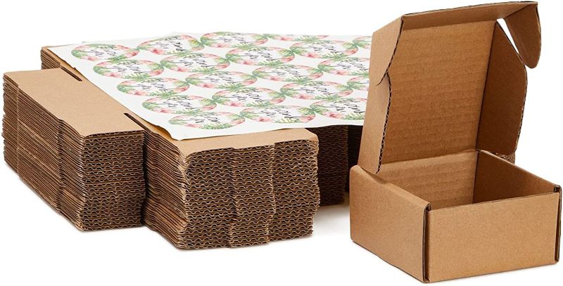 Photo 1 of Brown Corrugated Shipping Boxes, 4x4x2 Box Cardboard Mailers with Thank You Stickers (25 Pack)