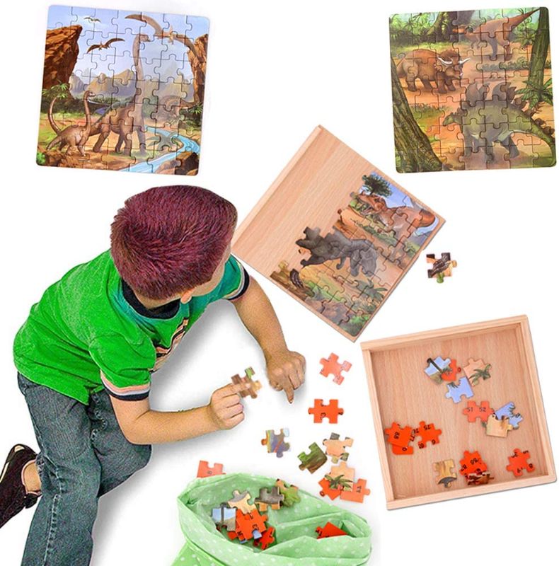 Photo 1 of  Dinosaur Jigsaw Puzzles in a Box, Wooden Blocks Toddler Games Construction Toys, 49 x 3 Pieces Dinosaur Train Activity Cube, Dinosaur Puzzles Toys Dino Floor Puzzles for Kids Ages 3-8