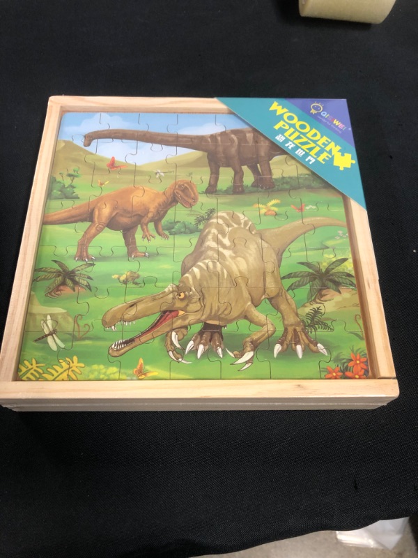 Photo 2 of  Dinosaur Jigsaw Puzzles in a Box, Wooden Blocks Toddler Games Construction Toys, 49 x 3 Pieces Dinosaur Train Activity Cube, Dinosaur Puzzles Toys Dino Floor Puzzles for Kids Ages 3-8