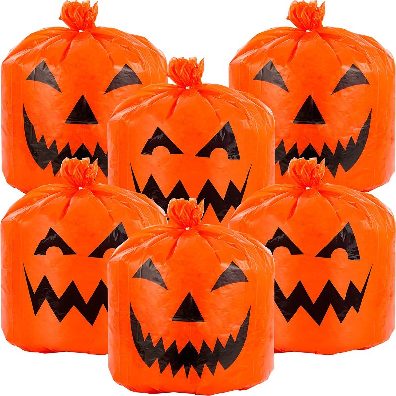 Photo 1 of 16 Pieces Halloween Pumpkin Lawn Bags Plastic Leaf Bags Pumpkin Jack-O Pattern Lawn Bags for Outdoor Fall Halloween Trash Bag Decoration Fall Plastic Leaf Trash Bags