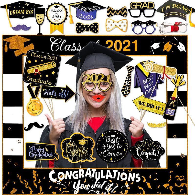 Photo 1 of 2 Packs of Graduation Photo Booth Props with Class of 2021 Grad Photo Booth Frame Selfie Picture Frame DIY Kit for Kids Boy Girl, Black and Gold, for Graduation Party Favors Supplies Decorations