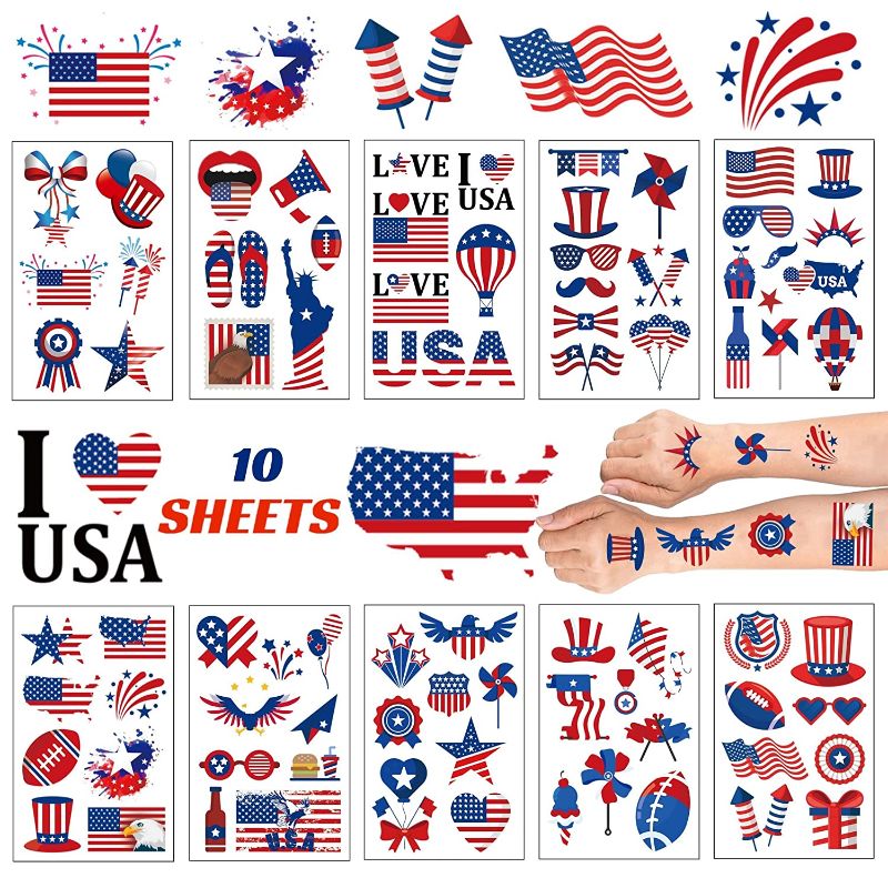 Photo 1 of 19 Packs of Masper 10 Sheets 4th of July Temporary Tattoos, 80 Pcs Cute Waterproof Patriotic Tattoos for 4th of July Decorations Patriotic Decor