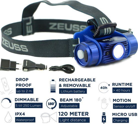 Photo 1 of Zeuss XP-5 Hoofdlamp - LED 250 Lumen - Oplaadbaar - 40 uur accu - 120 meter licht afstand - Valbestendig - Waterproof - Dimbaar - Bewegings sensor
