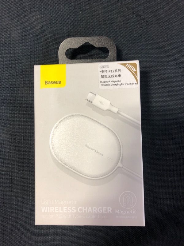 Photo 2 of Baseus Magnetic Wireless Charger, 15W Fast Charging Pad Compatible with MagSafe Wireless Charger for iPhone 13/13 Mini/13Pro/13Pro max/iPhone 12/12 Mini/12Pro max (White) Factory seal
