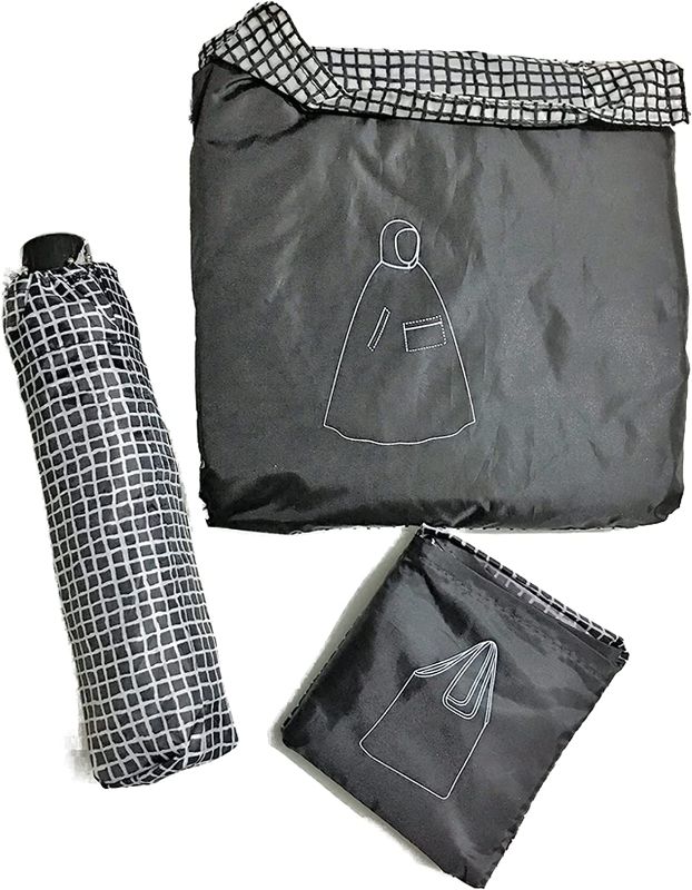 Photo 1 of KNALLA Combo Umbrella, Shop Bag and Rain Poncho Black and White
