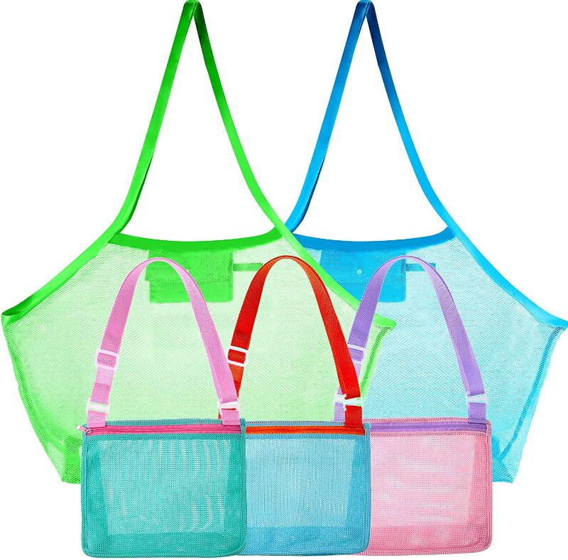 Photo 1 of 5 Pieces Colorful Beach Mesh Bag Set Include 2 Large Beach Toy Mesh Bags and 3 Kids Beach Seashell Collection Tote Bags Sand Toy Storage for Holding Beach Toys, Stay Away from Sand, Toy Not Included
