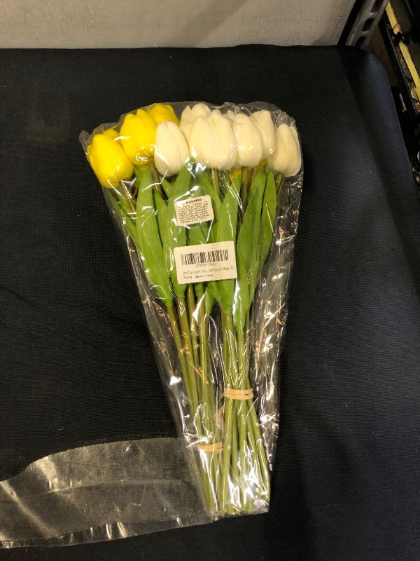 Photo 1 of 20 Pcs Artificial Tulip Flowers in Yellow and White Faux Tulip Stems PU Real Touch Tulips 13.7" Tall for Easter Spring Wedding Bouquet Floral Arrangements Wreath Table Centerpiece Indoor Outdoor Decor
