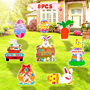 Photo 1 of 8 Pieces Easter Outdoor Decor Yard Signs Stakes, Party Decorations Happy Easter Yard Signs Bunny Egg Chick Hunt Basket Welcome Signs Waterproof Yard Lawn Photo Props