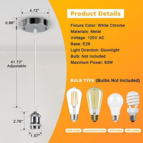 Photo 2 of Ascher 1  Pendant Light, E26 Lamp Socket, Vintage Industrial Pendant Light Cord, 3.94ft Adjustable Pendant Light Cord, White Chrome (Bulb Not Included)--