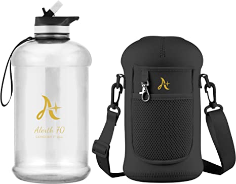 Photo 1 of ALERTH 70 2.2 Liter Half Gallon Plastic Water Bottle with Neoprene Storage Sleeve and Covered Straw Lid, BPA Free Large Reusable Container with Hand Shoulder Strap Gym Sports Water Bottle