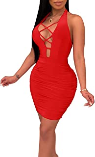 Photo 1 of Antopmen Women's Summer Sleeveless V Neck Lace Up Front Backless Ruched Bodycon Club Dress
M