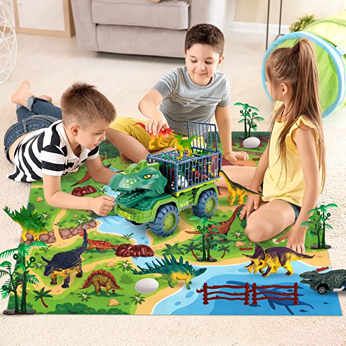 Photo 1 of  Dinosaur Truck Toys for 3-5 Year Old Boys, Large Dinosaur Monster Truck, Dinosaur Transport Truck with Dinosaur Figures, Dinosaur Eggs, Pull Back Dinosaur Car, Play Mat, Birthday Gifts for Boys and Girls girls