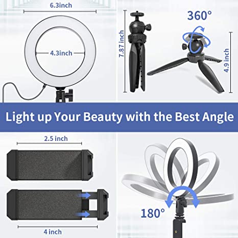 Photo 2 of UHURU 6" LED Ring Light with Tripod Stand and Phone Holder for Live Streaming/Makeup, Portable Ring Light for YouTube Video Conference Compatible with iPhone Android