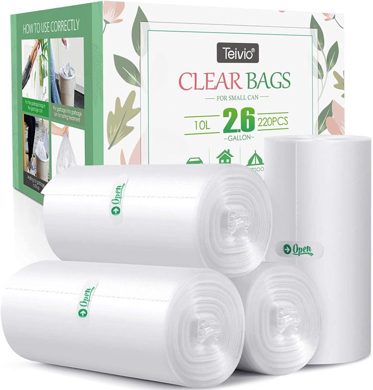Photo 1 of 2.6 Gallon 220 Counts Strong Trash Bags Garbage Bags by Teivio, Bathroom Trash Can Bin Liners, Small Plastic Bags for home office kitchen,fit 10 Liter, 2,2.5,3 Gal, Clear
