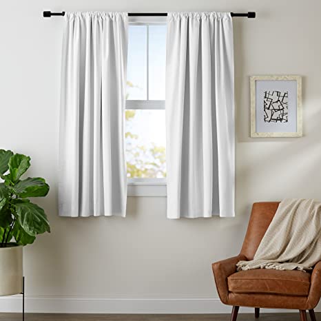 Photo 1 of Amazon Basics Room Darkening Blackout Window Curtains with Tie Backs Set - 52 x 63-Inch, White, 2 Panels
