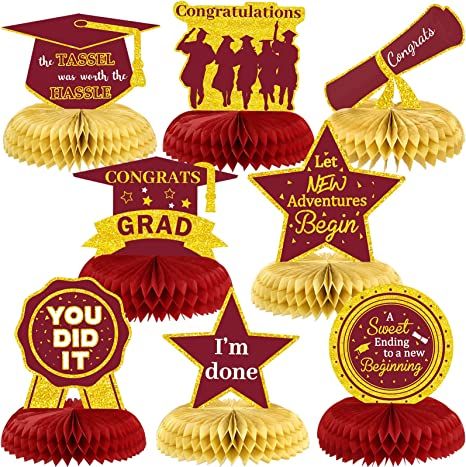 Photo 1 of 2022 Graduation Party Table Decoration Congrats Grad Honeycomb Centerpieces Table Topper Maroon 8Pcs
