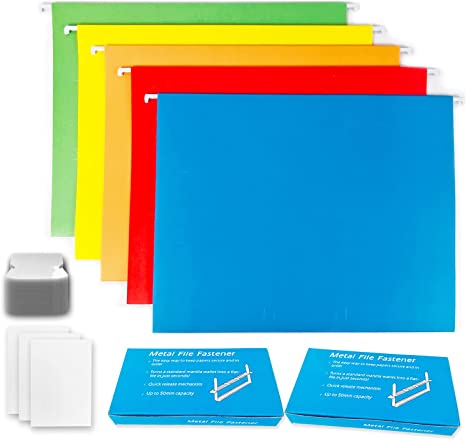 Photo 1 of Binditek 30 Pcs Hanging File Folders with tabs,100 Prong Fasteners Complete Set Included, 5 Assorted Colors Hanging Folders
