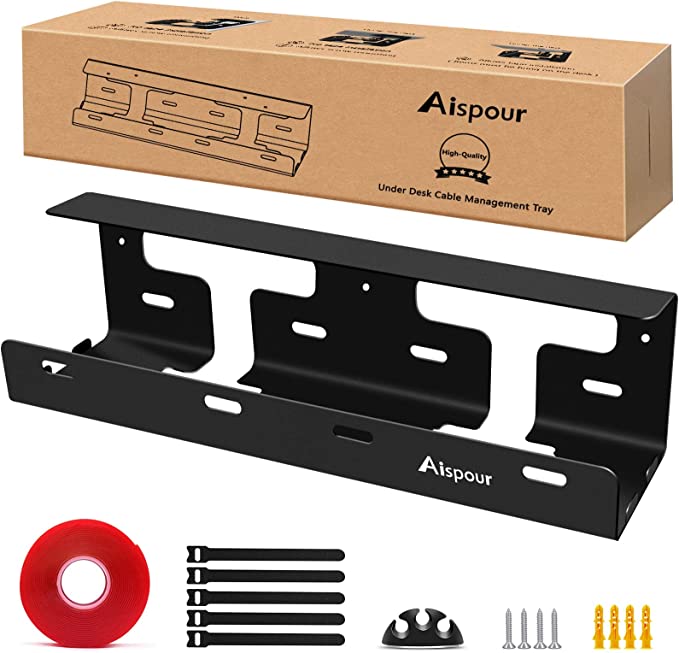 Photo 1 of Under Desk Cable Management Tray, Steel No Drill Under Desk Wire Management Tray, 15.7'' Under Desk Cable Raceway for Cords, Cable Management Organizer Desk Cable Raceway Tray
