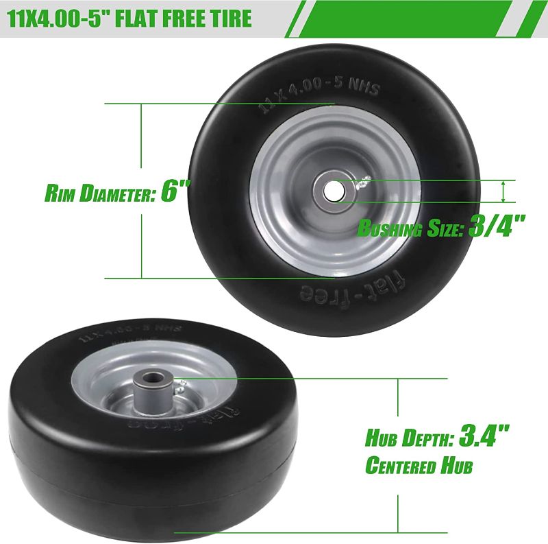 Photo 1 of 2 PCS 11x4.00-5" Flat Free Lawn Mower Tire on Wheel, 3/4" or 5/8" Bushing, 3.4"-4"-4.5-5" Centered Hub, Universal Fit Smooth Tread Tire for Zero Turn Lawn Mowers, with Universal Adapter Kit

