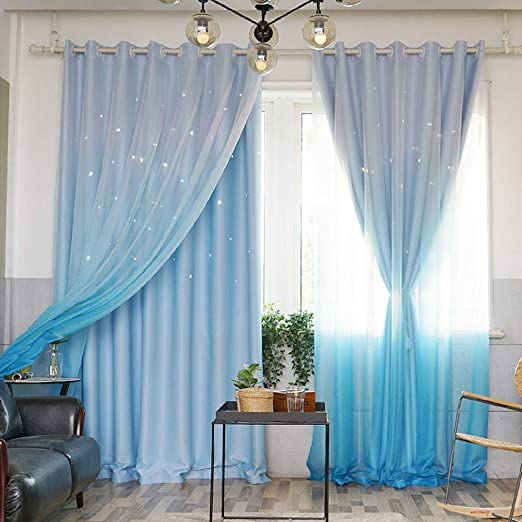 Photo 1 of ABREEZE Kids Star Blackout Curtains Star Curtains for Girls Boys Bedroom Gradient Tulle Overlay Curtain Double Layer Sparkle Star Cut Out Curtains (1 Panel,59 x 84 inch,Blue)