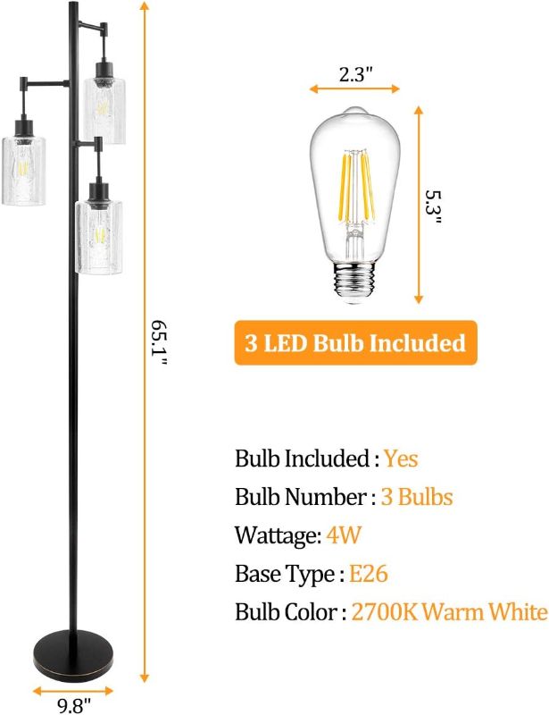 Photo 3 of 1pc---Industrial Floor Lamp for Living Room, Tree Floor Lamp with 3 Hanging Bubble Glass Shade & ST58 Edison LED Bulbs, Sturdy Base Tall Vintage Pole Light Great for Farmhouse Rustic Home Bedroom Office
