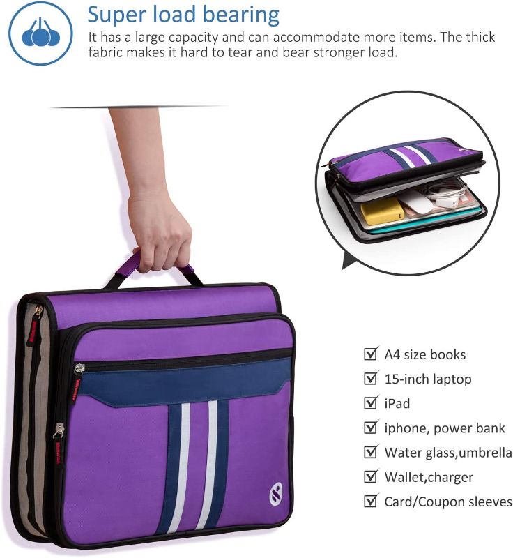 Photo 4 of 2-Inch 3 Rings Zipper Binder, Holds 15-Inch Laptop/Tablet, Handle and Shoulder Strap Included, Violet
