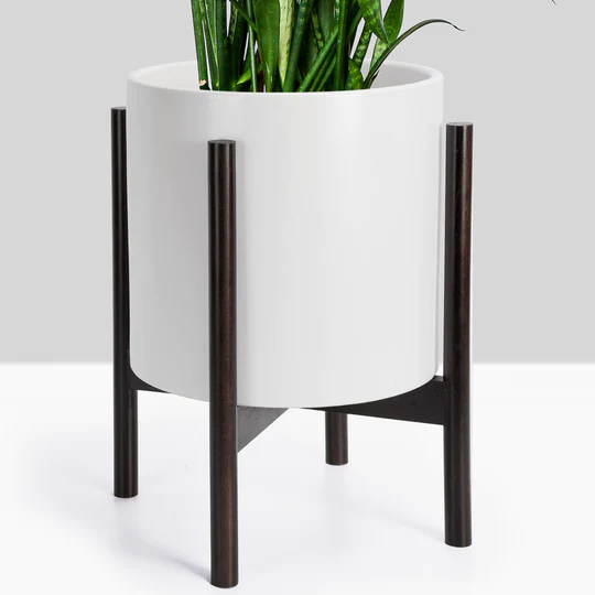 Photo 1 of 10inches Ceramic Planter with Stand by FineIris - Mid Century 10” Ceramic Pot & Wood Plant Stand-  