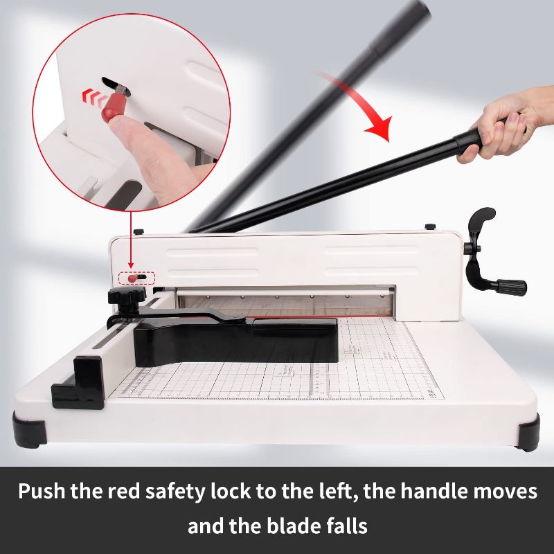 Photo 3 of A4 Paper Cutter Professional Guillotine Trimmer - Heavy Duty Paper Cutting Craft Machine with 380 Sheet 2.85oz Paper Capacity, Additional 1 Red Knife Pad, 2 Rubber Feet and 1 Set of Positioning Screws
