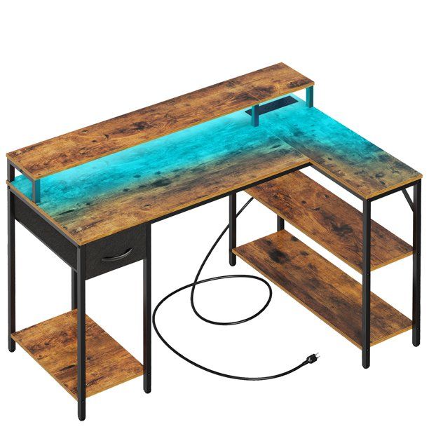 Photo 1 of SUPERJARE L Shaped Computer Desk with Power Outlets, Rustic Brown
