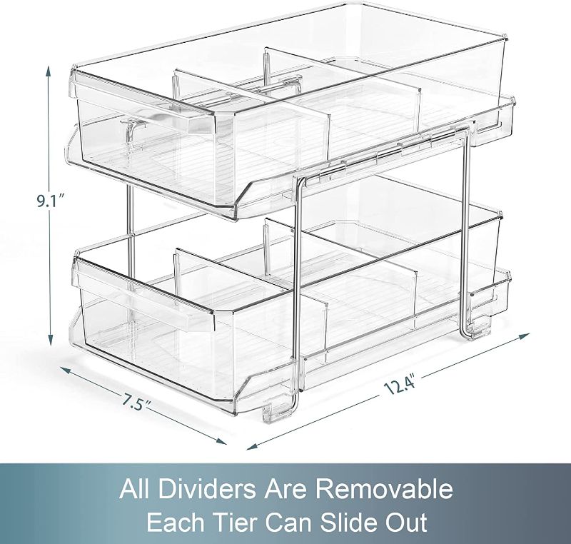 Photo 4 of 2 SET, 2 Tier Small Clear Organizer with Dividers, Multi-Purpose Slide-Out Storage Container, Bathroom Vanity Counter Organizing Tray, Under Sink Closet Organization, Kitchen Pantry Medicine Cabniet Bins