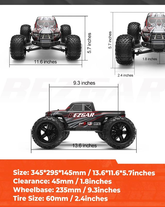 Photo 5 of BEZGAR HM103 Hobby Grade 1:10 Scale Remote Control Truck, 4WD High Speed 45+ Kmh All Terrains Electric Toy Off Road RC Truck Vehicle Car Crawler with Rechargeable Batteries for Boys Kids and Adults
