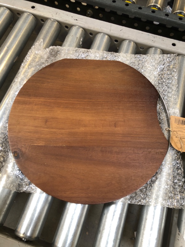 Photo 2 of American Atelier Acacia Wood Cheese Board | Wooden Cutting Board & Serving Tray with Metal Handle for Charcuterie, Meats, Breads & Veggies | Hostess Gift for Home & Kitchen | Round, 13.85” D x .63” T Industrial Metal Handle Acacia Wood