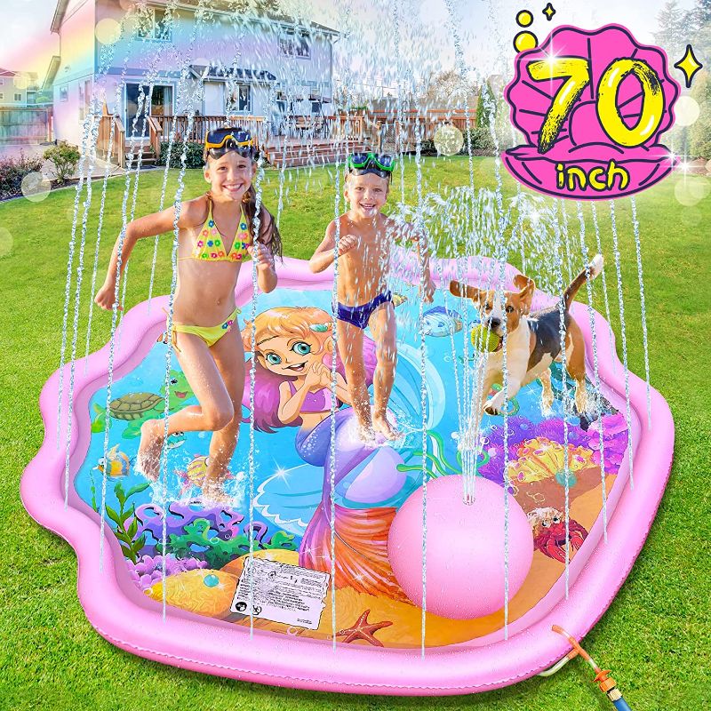 Photo 1 of 2022 Splash Pad Sprinkler for Kid and Dog -  Durable Girls Sprinkler Pool for Backyard Fountain Play Mat Fun Splash Play Mat Summer Outdoor Water Toys for Girls Boys 3 4 8 12 Mermaid - Pink  -- Factory Sealed --
 