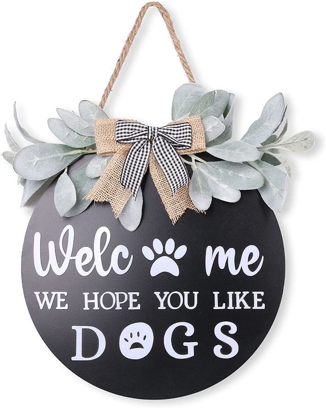 Photo 1 of  Dog Welcome Sign for Front Door, Welcome Signs for Farmhouse Decor, Door Hanger Front Door Decor with Premium Greenery, Great Housewarming Gifts, (Dog)  - Factory Sealed --
