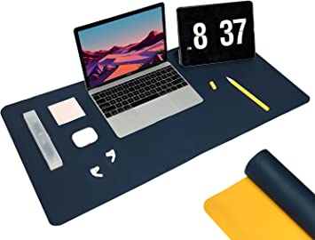 Photo 1 of KELIFANG Desk Pad, Waterproof Desktop Protector Large Mouse Mat for Office Work and Home Decor, Dual Side PU Leather Desk Blotters Accessories for Gaming Writing (31.5” x 15.7”, Navy Blue+Yellow)
