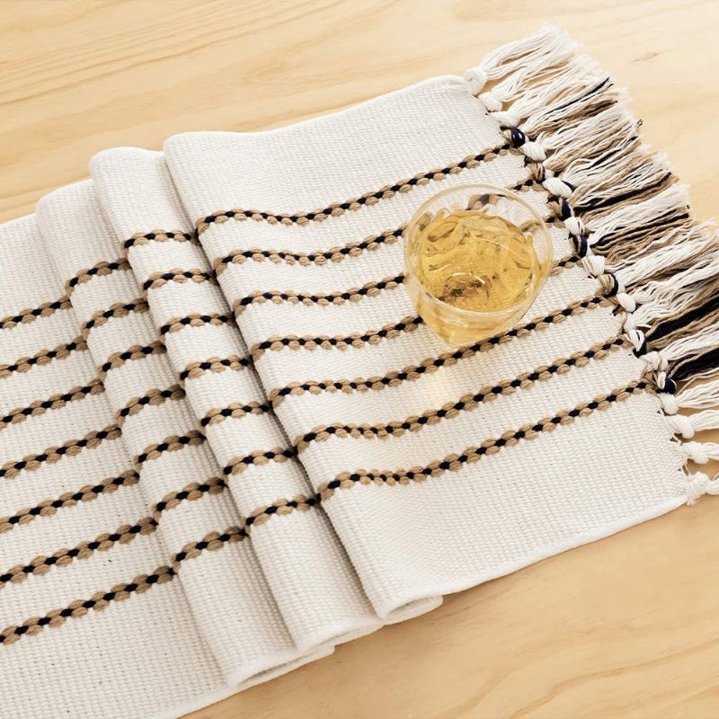 Photo 1 of ALIBALA Boho Table Runner 59 Inches Long, Farmhouse Table Runner with Macrame Tassels Cotton and Linen Coffee Table Runner Rustic Style for Living Room Dining Kitchen Decor, Khaki Navy 13"x59"
