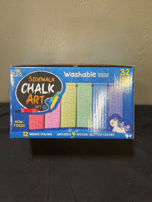 Photo 3 of Block Party Sidewalk Chalk 32-Piece Art Set - BIG BOLD Colors Includes 4 Glitter Chalk That Sparkle, Square Non-Roll Kids Chalk, Washable
