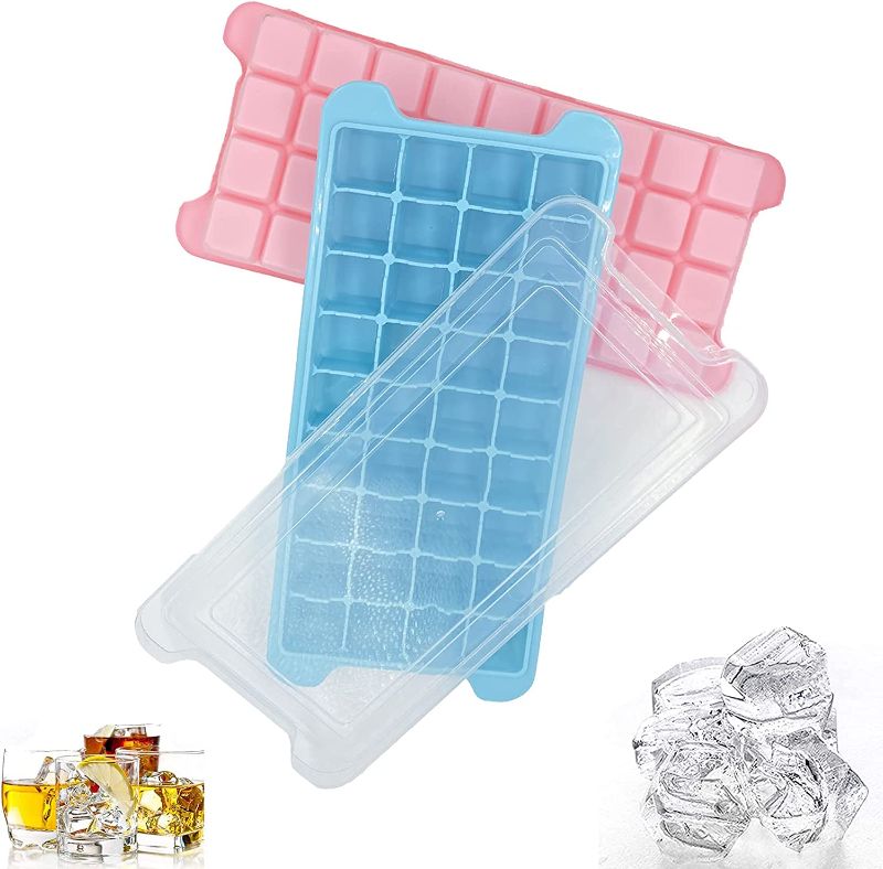Photo 1 of 2 Pcs Ice Cube Trays, Silicone Ice Cube Molds with Lid, Easy Release, for Chilled Drinks, Whiskey, Cocktail, Food, Reusable, BPA Free, Soft Mold Dishwasher Safe,Blue&Pink (36 Cavity)
