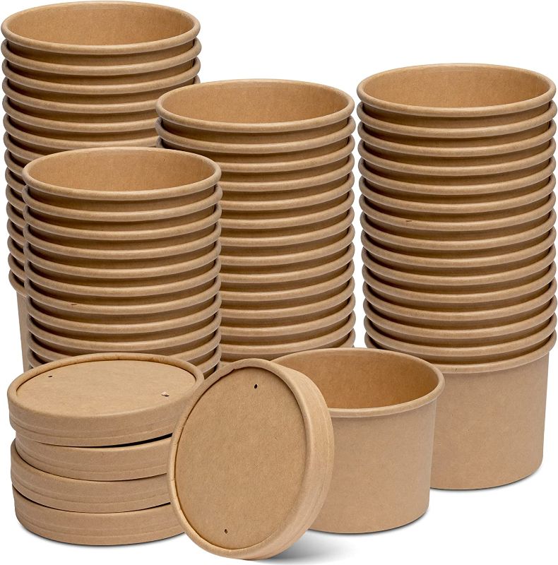 Photo 1 of [50 Sets] 12 oz. Paper Food Containers With Vented Lids, To Go Hot Soup Bowls, Disposable Ice Cream Cups, Kraft
