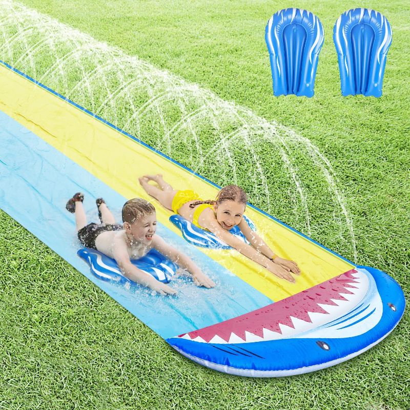 Photo 1 of 16FT Double Lane Slip with 2 Racing Lanes & Body Boards, Sprinkler for Kids Boys Girls, Outdoor Summer Water Toys for Toddlers Backyard Garden Lawn
